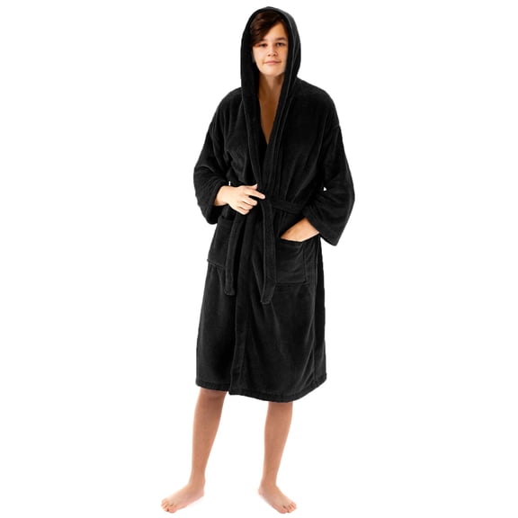 BC BARE COTTON Men's Robe Microfiber Plush Fleece Hooded Bathrobe - Black - Small