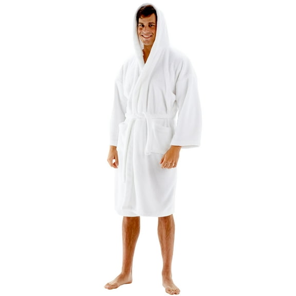 BC BARE COTTON Men's Robe Microfiber Plush Fleece Hooded Bathrobe - White - Small