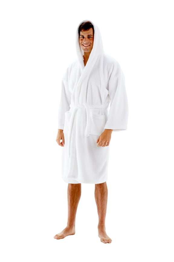 BC BARE COTTON Men's Robe Microfiber Plush Fleece Hooded Bathrobe - White - Small