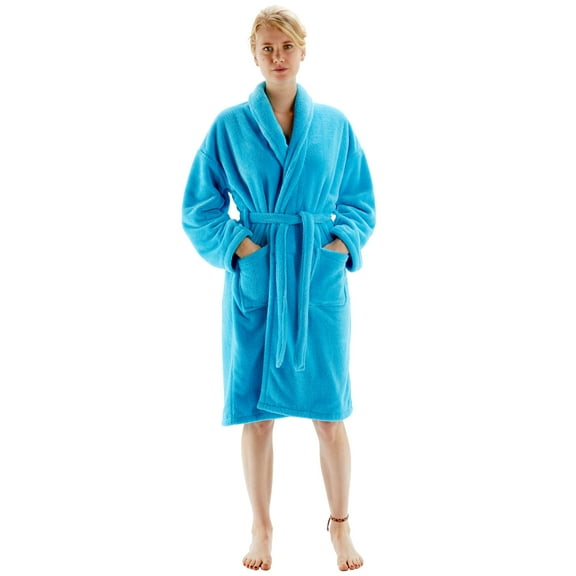 BC BARE COTTON Women's Robe Microfiber Plush Fleece Shawl Bathrobe - Turquoise - Medium