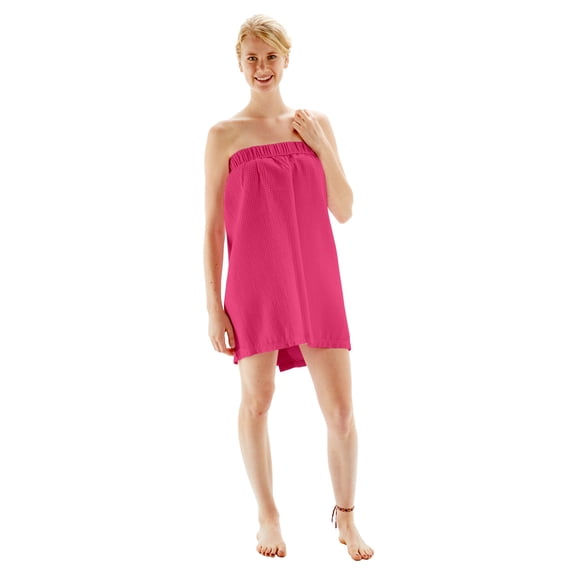 BC BARE COTTON Women’s Spa/Bath Lightweight-Knee Length Waffle Body Wrap with Pocket and Easy Adjustable Closure - Fuchsia - Large