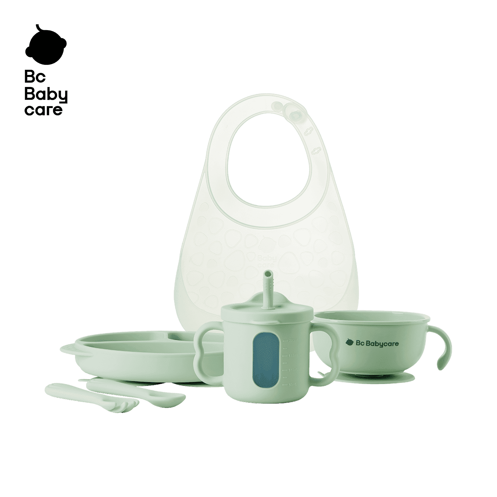 BC Babycare Silicone Baby Feeding Set 6pcs Toddler Dishes Set-Baby Bib, Forks,Spoons, Plate ,Snack Bowl,Green