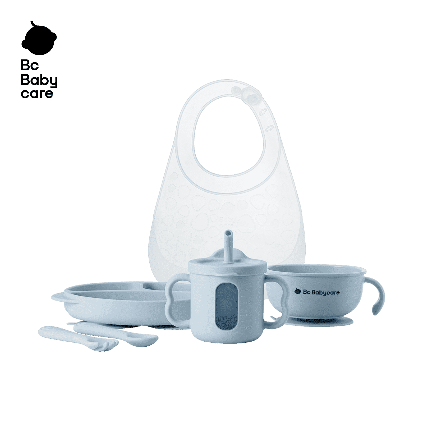 BC Babycare 6pcs Toddler Dishes Set-Baby Bib, Forks,Spoons, Plate ,Snack Bowl Blue Silicone Baby Feeding Set