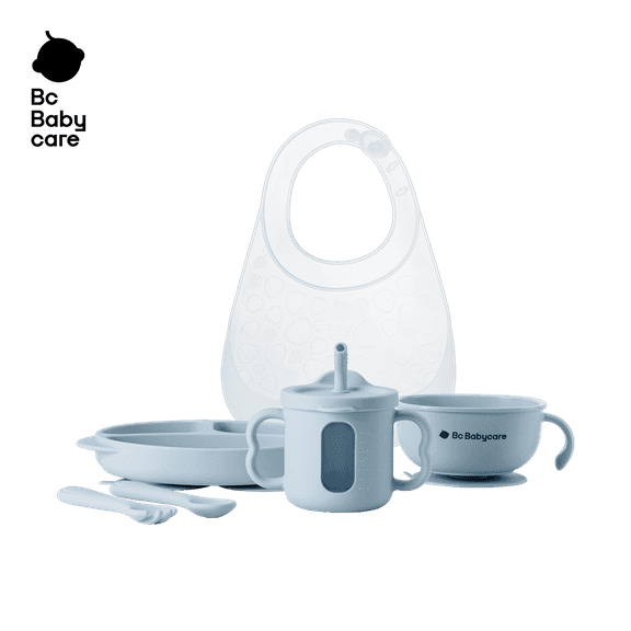 BC Babycare 6pcs Toddler Dishes Set-Baby Bib, Forks,Spoons, Plate ,Snack Bowl Blue Silicone Baby Feeding Set