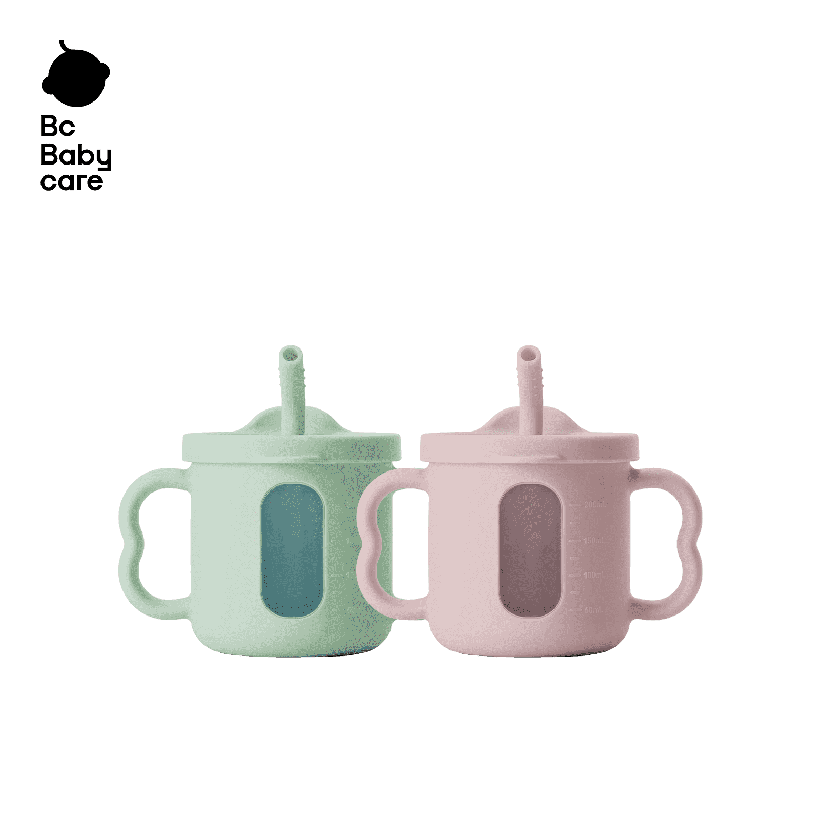 Bc Babycare Silicone Straw Sippy Cup, See-through Toddler Straw Cups, Sippy Cups with Handles, Green Pink Cups (2pcs)