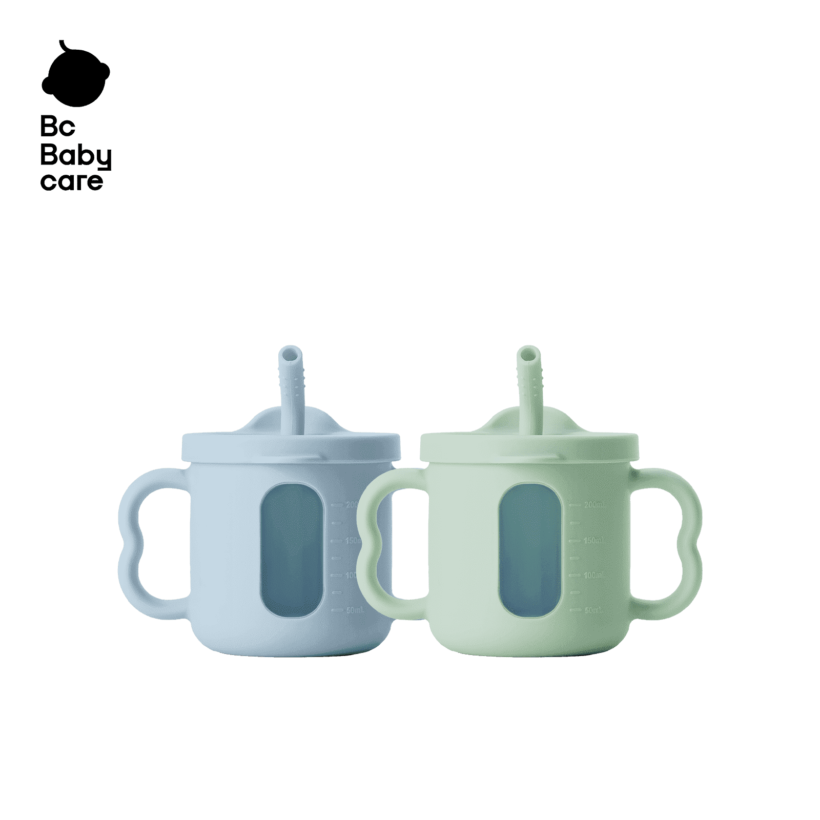 Bc Babycare Silicone Straw Sippy Cup, See-through Toddler Straw Cups, Sippy Cups with Handles, Blue Green Cups (2pcs)
