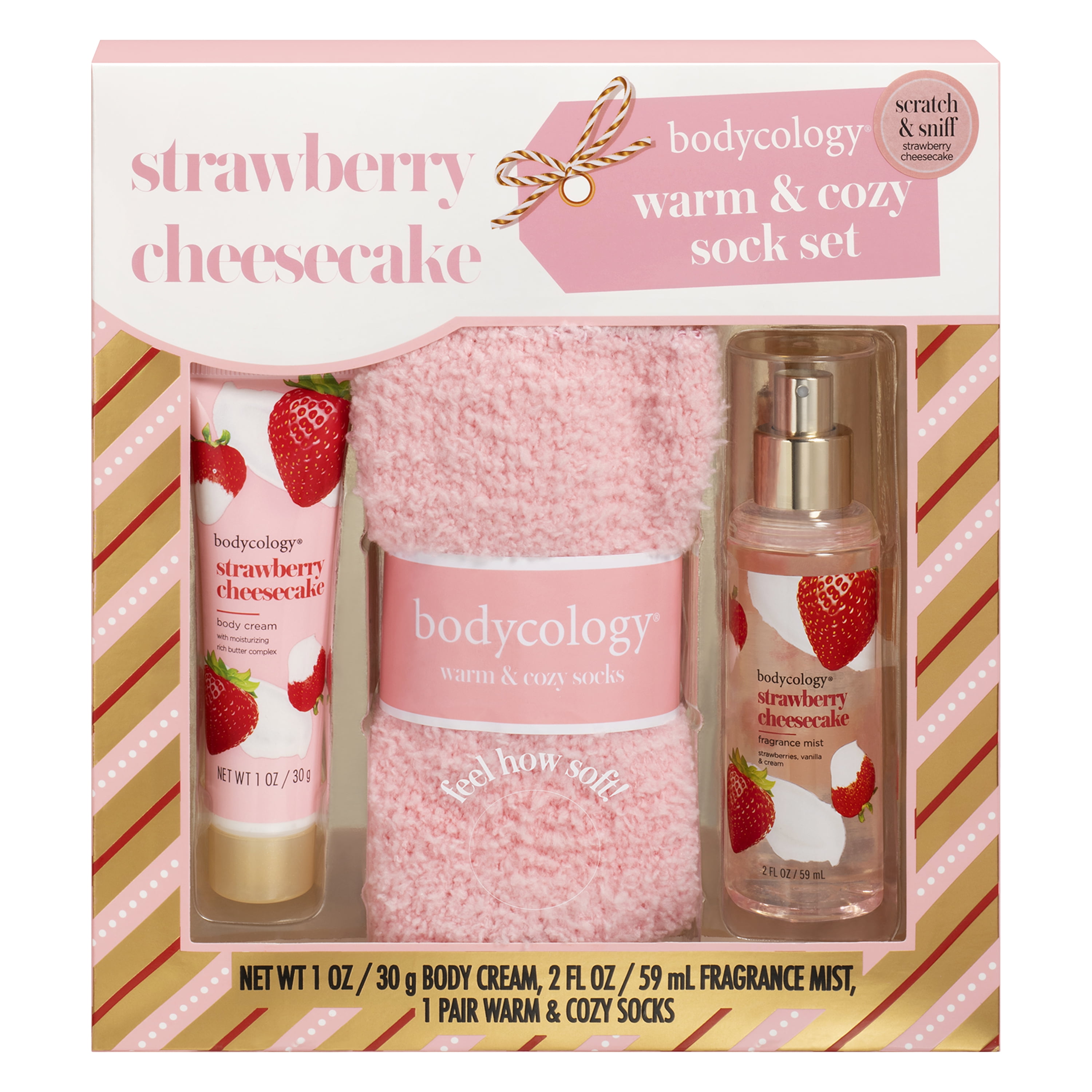 Bodycology Strawberry Cheesecake Body Care & Cozy Sock Gift Set, 3 Piece