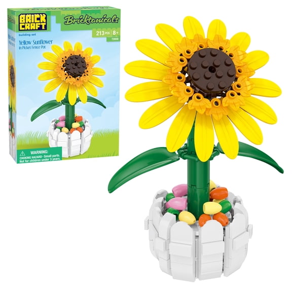Brickcraft Bricktanicals Yellow Sunflower Picket Fence Pot Building Kit, 213-Piece Flower Toy for Spring/Easter Decor