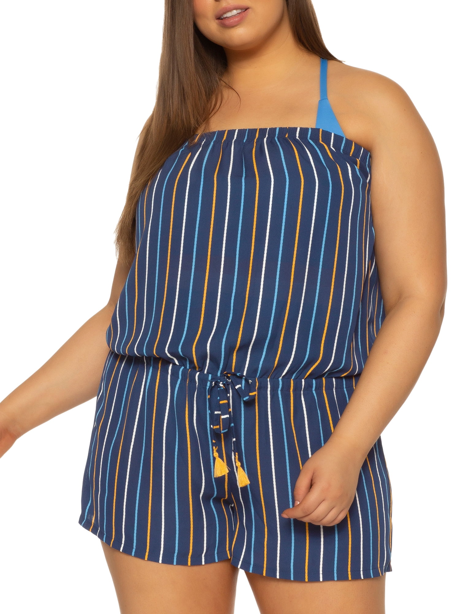 BCA Women's Plus Size Jaquelin Striped Sleeveless Romper Swimsuit Cover