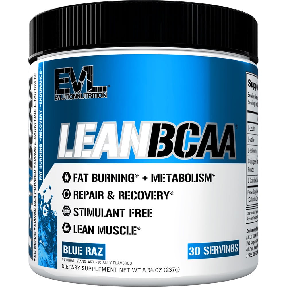 BCAA Fat Burner with CLA & L-Carnitine - Evlution Nutrition LeanBCAA Muscle Recovery Supplement - Stimulant-Free, Sugar Free & Gluten Free - 30 Servings (Blue Raz)