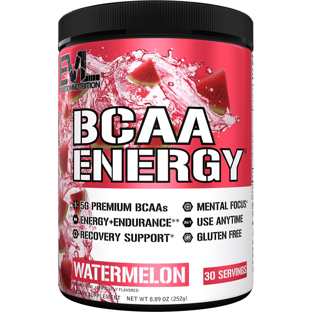 BCAA Powder - Evlution Nutrition Pre Workout BCAA Energy Powder 30 Servings - EVL BCAA Amino Acids Endurance & Muscle Recovery Drink - Watermelon Flavor with Vitamin B12 & Vitamin C