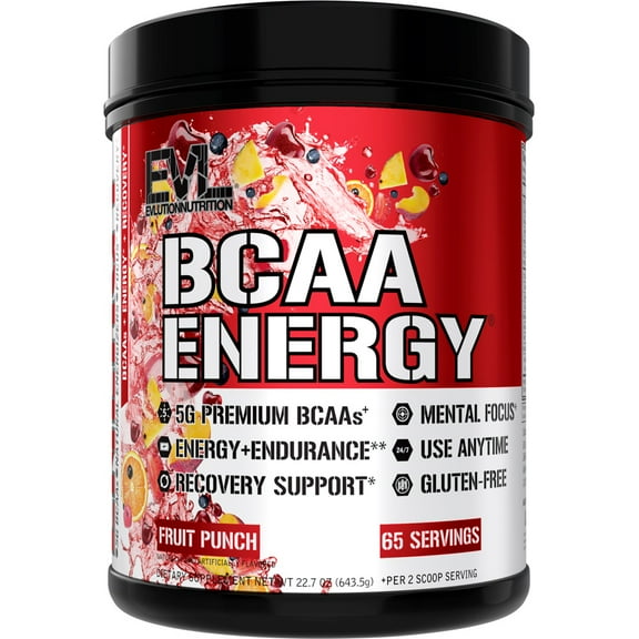 BCAA Powder - Evlution Nutrition Pre Workout BCAA Energy Powder 65 Servings - EVL BCAA Amino Acids Endurance & Muscle Recovery Drink - Fruit Punch Flavor with Vitamin B12 & Vitamin C
