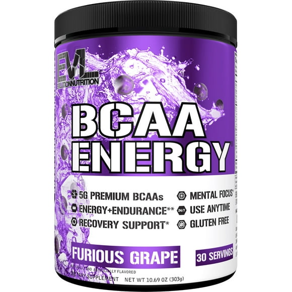 BCAA Powder - Evlution Nutrition Pre Workout BCAA Energy Powder 30 Servings - EVL BCAA Amino Acids Endurance & Muscle Recovery Drink - Furious Grape Flavor with Vitamin B12 & Vitamin C