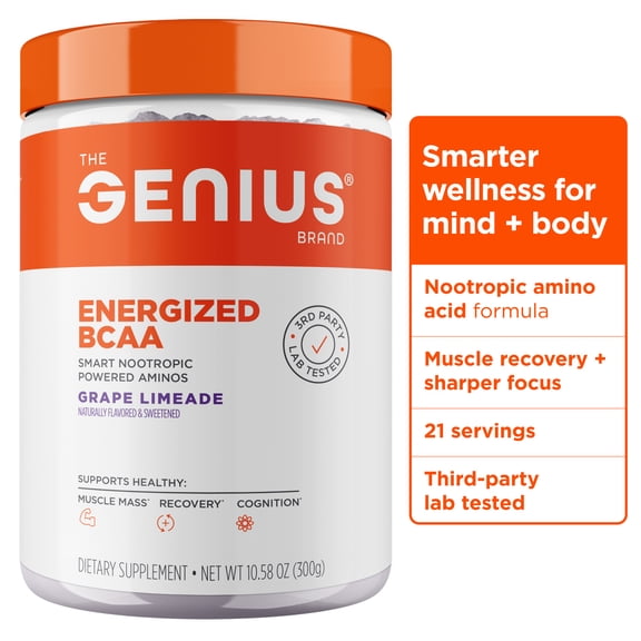 Genius BCAA Energy Powder, Grape Limeade - Nootropic Amino Acids & Muscle Recovery - Natural Vegan BCAAs Workout Supplement for Women & Men (Pre, Intra & Post Workout) - 21 Servings