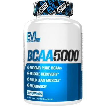 Evlution Nutrition BCAA5000 Capsules 5 Grams of Branched Chain Amino Acids (BCAAs) Essential for Performance, Recovery, Endurance, Muscle Building, No Sugar (30 Servings, 240 Capsules, Unflavored)