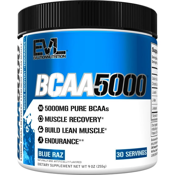 Evlution Nutrition BCAA5000 Powder 5 Grams of Branched Chain Amino Acids (BCAAs) Essential for Performance, Recovery, Endurance, Muscle Building, Keto Friendly, No Sugar (30 Servings, Blue Raz)