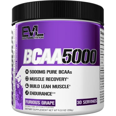 Evlution Nutrition BCAA5000 Powder 5 Grams of Branched Chain Amino Acids (BCAAs) Essential for Performance, Recovery, Endurance, Muscle Building, Keto Friendly, No Sugar (30 Servings, Furious Grape)