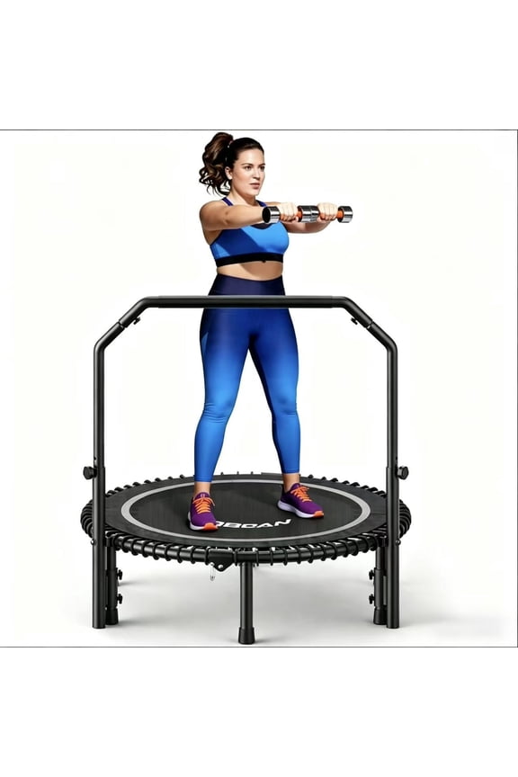 BT2 40-Inch Adult Mini Rebounder Trampoline, 450-pound weight capacity, adjustable handrails, and a Silent Resistance Band Design, suitable for indoor and outdoor home workouts