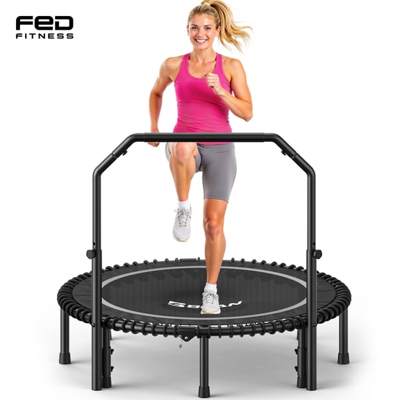 FED Fitness BCAN 40-Inch Adult Mini Rebounder Trampoline, 450-pound weight capacity, adjustable handle, and silent resistance band design, suitable for indoor and outdoor home workouts