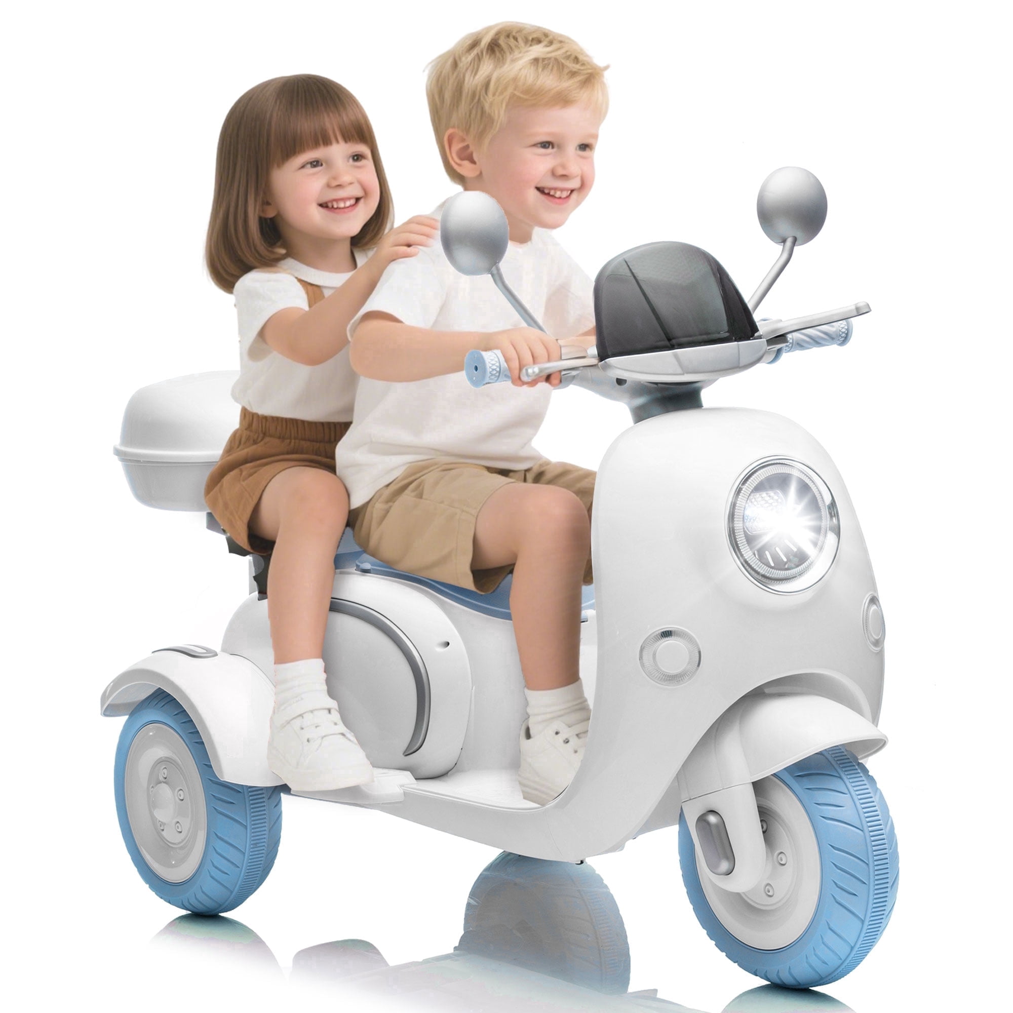 Xuanlur 12V Kids Electric Motorcycle, 3 Wheel 2 Seater Ride on Motorcycle w/Remote Control, 25W*2 Motors Electric Motorcycle w/Big Storage Box, Music, Horn, Light, Ride on Toys for Kids 3-8, Blue