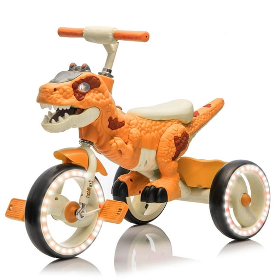 Xuanlur Kids Ride on Dinosaur Tricycle, Toddlers Kid Trike with EVA Wide Flash Wheels, Anti-Slip Pedals, Rear Basket, Music & LED Lights, Toddler Bike Toys Gift for 3-6 Year Old Boys & Girls (Orange)