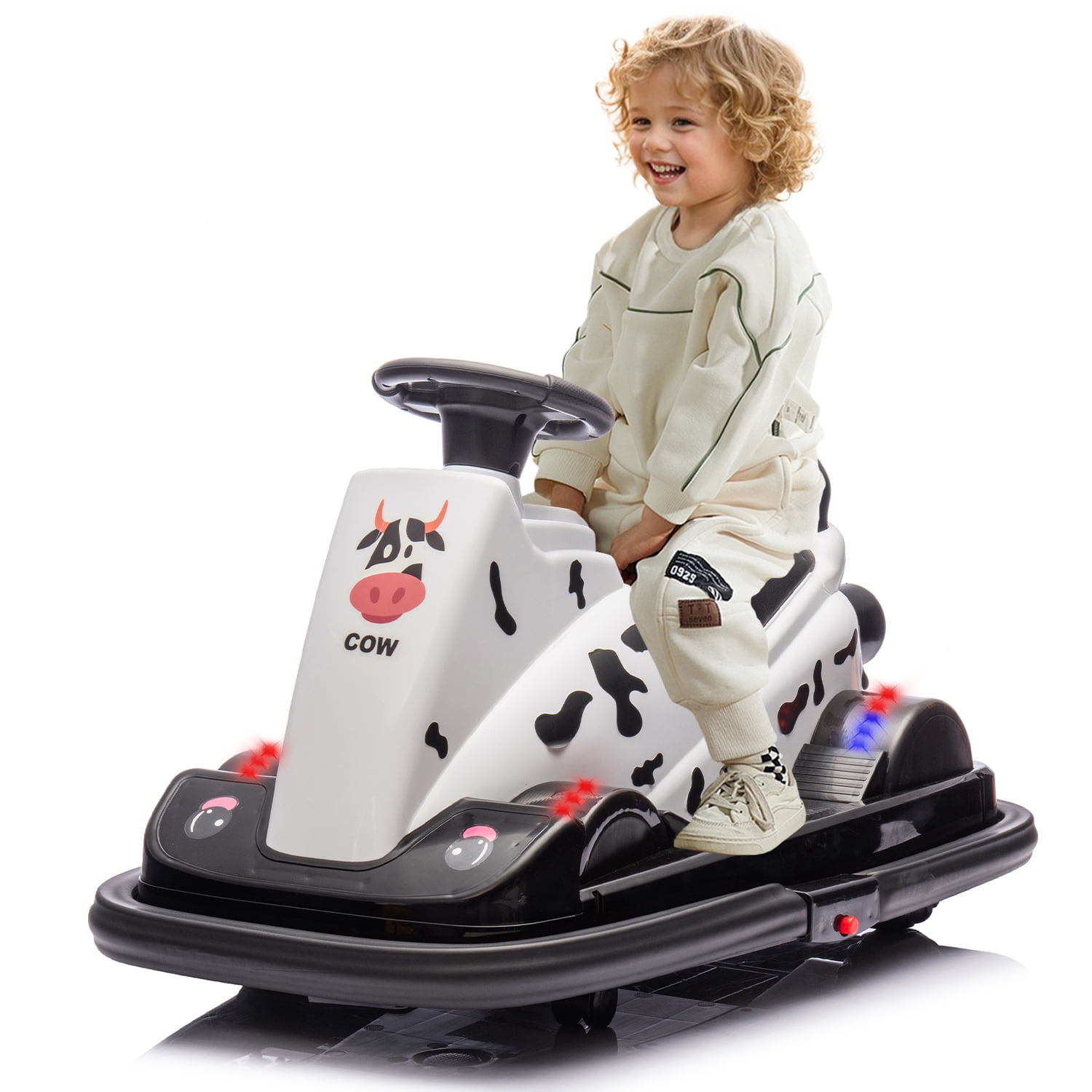 12V Kids Ride On Motor Bumper Car, 360° Rotating, Sound Effects & Lights, Four-Wheel Waterfall Light, Cute Design for Kids Aged 3-5