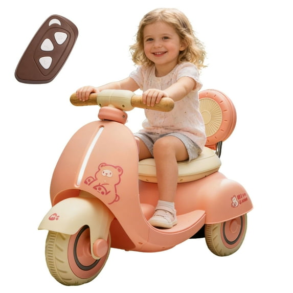 12V Kids Motorcycle, 3-Wheel Stable Design, Ride On Toy for Kids w/Remote Control, Toddler Battery Powered Car w/Wooden Handle, Slow Start & Stop, Bluetooth, Led Lights, Anti-Slip Wheels, Pink