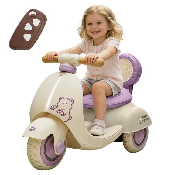 12V Kids Motorcycle, 3-Wheel Stable Design, Ride On Toy for Kids w/Remote Control, Toddler Battery Powered Car w/Wooden Handle, Slow Start & Stop, Bluetooth, Led Lights, Anti-Slip Wheels, Purple