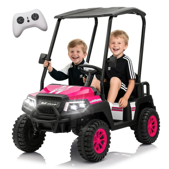 Xuanlur 24V 7AH 4-Seater Kids Electric Golf Cart, 4WD Ride on Toys w/Remote Control, Detachable Awning, Ride on Car with Bluetooth, Suspension & Music Features (Pink)