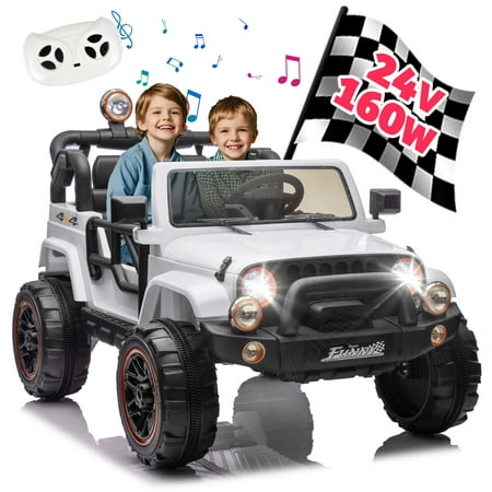 Xuanlur 24V Ride on Toys with Width Seat, Ride on Car with Remote Control, Kids Ride on Truck Car for Kids, Rear Suspension, Portable Pull Rod, Light, Trunk Storage, Bluetooth, USB, 2.5-4MPH (White)
