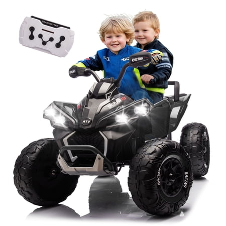 BCARORUR 24V XL Kids ATV 4 Wheeler W/Parents Control, 24V Electric ATV Ride On Toy for Big Kids with 2 Seater, Bluetooth, MP3, USB, DIY Stickers, Power Display, English storytelling function, Black