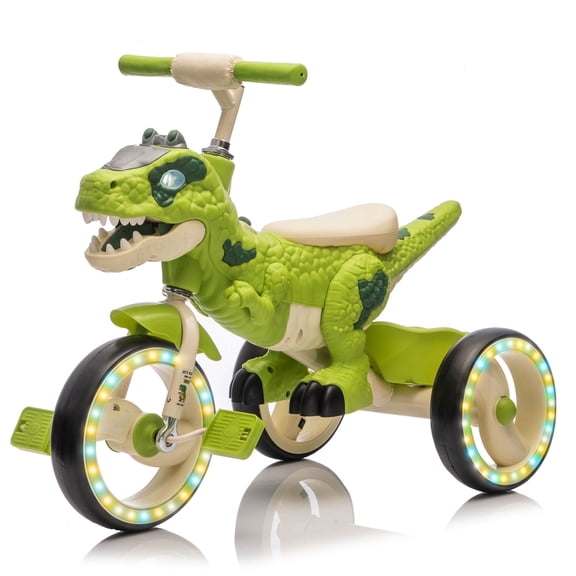 Xuanlur Kids Ride on Dinosaur Tricycle, Toddlers Kid Trike with EVA Wide Flash Wheels, Anti-Slip Pedals, Rear Basket, Music & LED Lights, Toddler Bike Toys Gift for 3-6 Year Old Boys & Girls (Green)