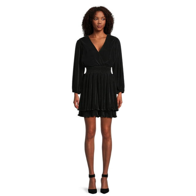 BCBG Paris Women's Metallic Plisse Satin Dress with Tiered Skirt