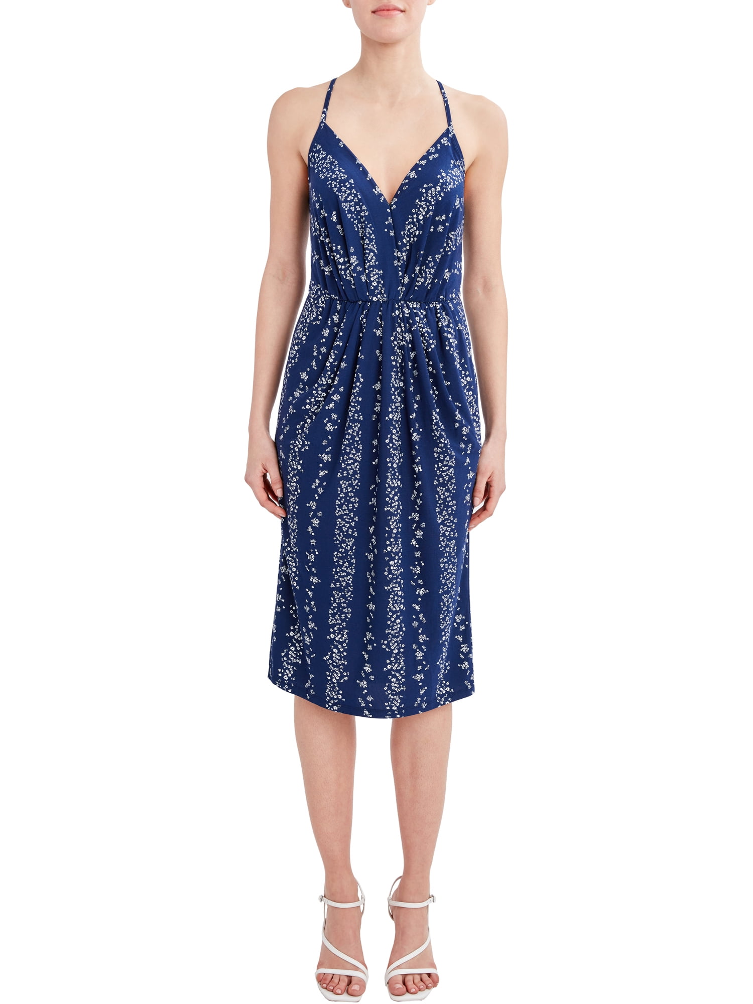 BCBG women's Navy Floral Stripe Draped Dress - XS - V-Neck Midi Dress -  Walmart.com
