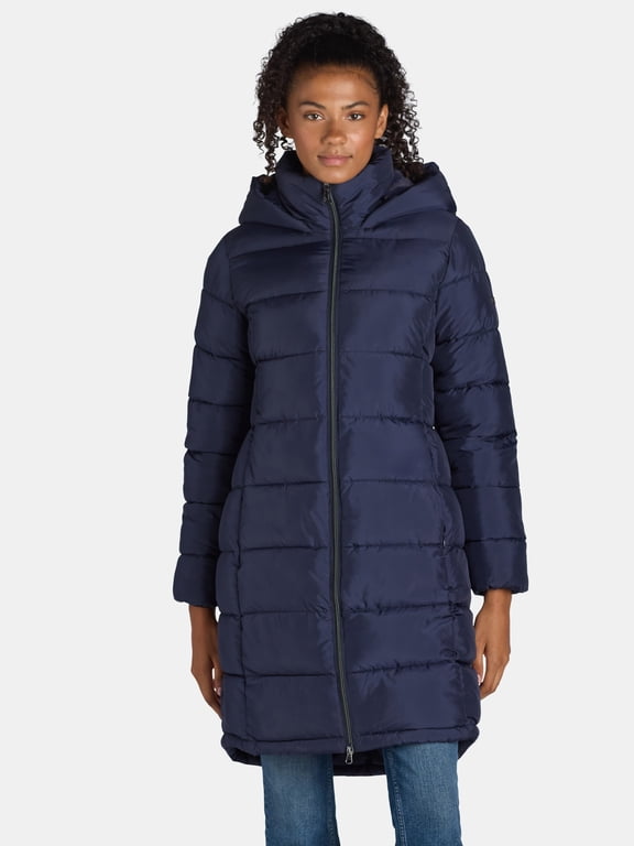 Women's and Women's Plus Long Hooded Puffer Coat, Sizes S-3X