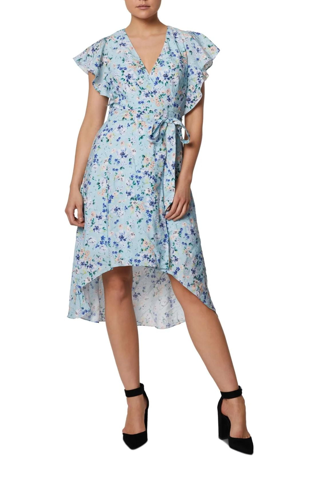 BCBGENERATION V-Neck Wrapped Tie Waist Flutter Sleeve Floral Print High Low  Hem Rayon Dress-FULL BLOOM MULTI / 0 - Walmart.com