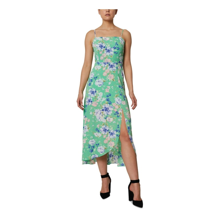 BCBGENERATION Womens Green Stretch Zippered Ponte knit Leg Slit Hi lo Hem Floral Spaghetti Strap Square Neck Midi Party Fit Flare Dress 2 Walmart