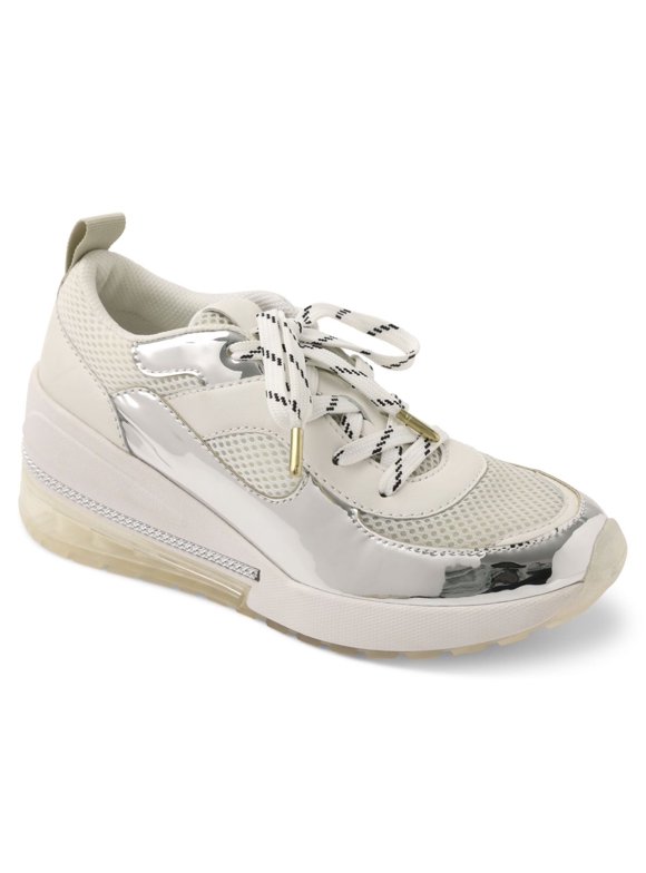 BCBGENERATION Womens Ivory Multi-Media Chain Detailing Padded Reflective Weddi Round Toe Wedge Lace-Up Athletic Sneakers Shoes M main image 0