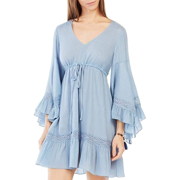 BCBGMAXAZRIA Jackleen Ruffled Peasant Dress Shadow Blue (Small)