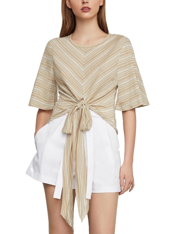 Womens Linen Blend Striped Knit Top