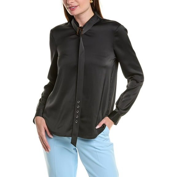 BCBGMAXAZRIA womens  Belted Collar Satin Top, XXS, Black