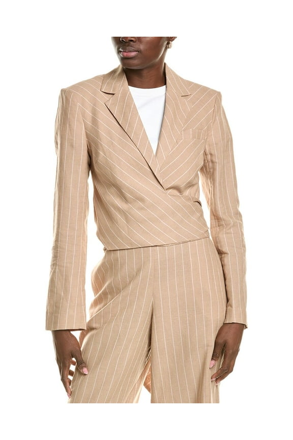 womens  Cropped Front Tie Linen-Blend Jacket, 0, Brown