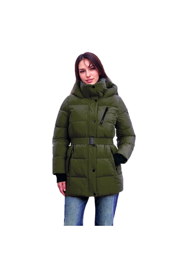 BCBGeneration Women's Belted Active Puffer Coat with Hood (Army, M)