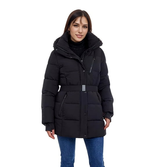 BCBGeneration Women's Belted Active Puffer Coat with Hood (Black, XL)
