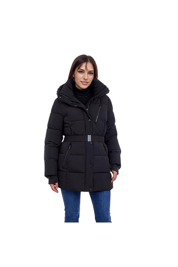BCBGeneration Women's Belted Active Puffer Coat with Hood (Black, XL)