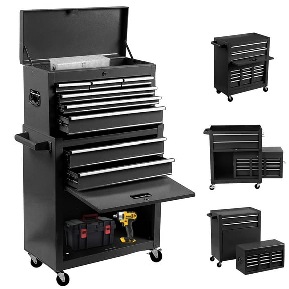 BCBYou 8-Drawer Rolling Tool Chest 2 in 1 High Capacity Tool Box Detachable Organizer Tool Storage Cabinet with 4 Wheels & Lockable Lined Drawers for Garage Warehouse Workshop (Black)