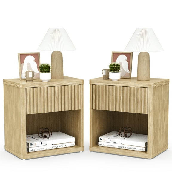 BCBYou Fluted Nightstand Set of 2, 22.7" Wide Bedside Table with Drawer and Storage, Mid Century Modern Wood End Table, Large Night Stand for Bedroom, Living Room