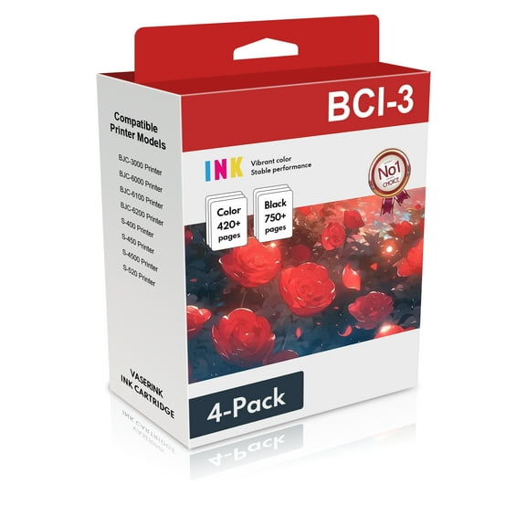 BCI-3 Ink Cartridge Compatible for Canon BCI-3 Compatible with BJC-3000 Printer (4Pack1 PGBK, 1 Cyan, 1 Magenta, 1 Yellow)