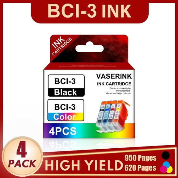 BCI-3 Ink cartridges Compatible for Canon BCI-3 ink for Canon Pixma iP4000 Pixma iP5000 Printer (1 Black, 1 Cyan, 1 Magenta, 1 Yellow, 4 Pack)