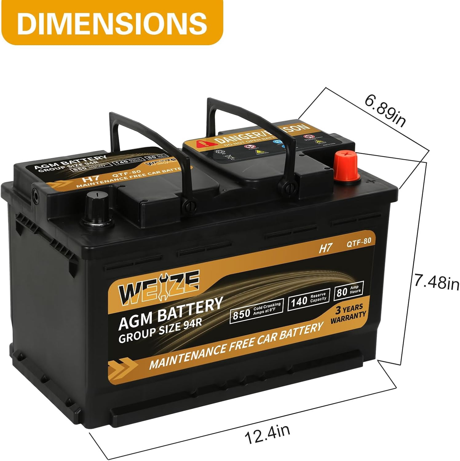 BCI Group 94R AGM Car Battery 12V 80Ah, 850 Cold Cranking Amps, 140 Reserve Capacity, Fast Recharge, Vibration Resistant for Start-Stop Systems